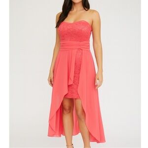 La Scala dress tangerine orange strapless lace and flowy formal midi high low LG